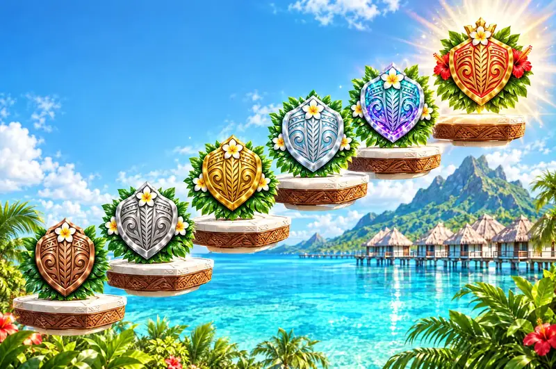 Les six emblèmes de ligue du jeu, de Bronze à Marae, posés sur des marches de bois sculpté et de pierre qui montent au-dessus du lagon. L'emblème Marae, tout en haut, rayonne.
