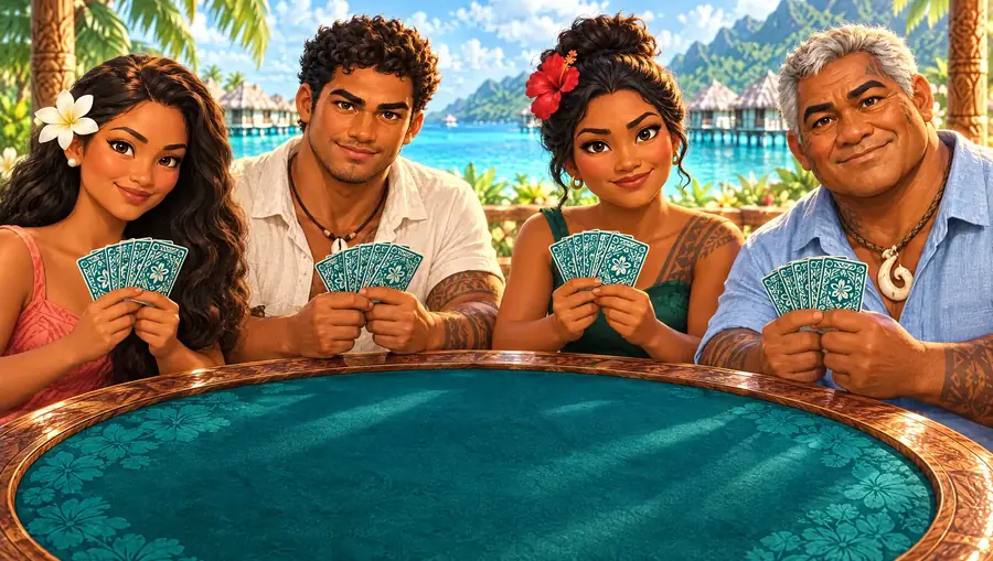 Hina, Tane, Moana et Tamatoa assis derrière la table du lagon, chacun tenant un éventail de cartes, le regard complice et joueur. La place en face d'eux est libre.