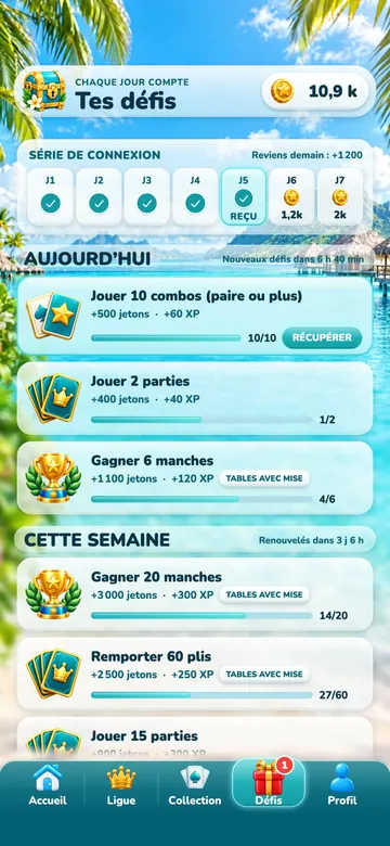 Capture de la page Défis : la série de connexion sur 7 jours, les défis du jour avec leurs récompenses en jetons et en expérience, et les défis de la semaine.