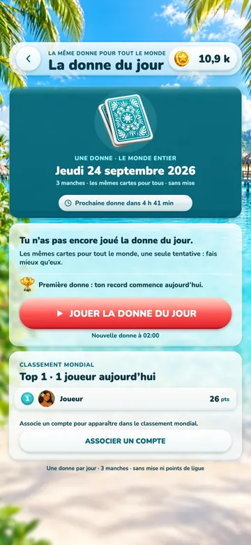 Capture de la donne du jour : « Une donne, le monde entier », 3 manches, les mêmes cartes pour tous, sans mise, avec le bouton JOUER LA DONNE DU JOUR et le classement mondial du jour.